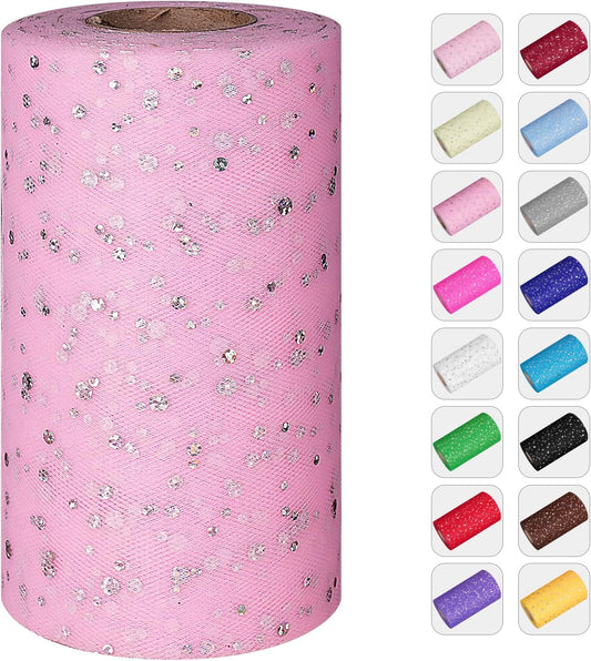 Glitter Tulle Rolls, 6' by 50 Yards (150FT) Sequin Tulle Netting Fabric for Tutu Skirts Sewing Birthday Wedding Party Decoration (Pink)