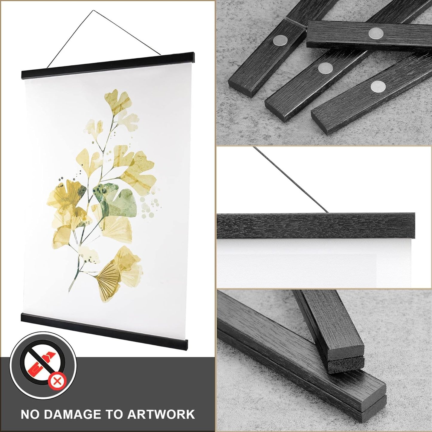 WITCOLOR Magnetic Poster Hanger, 17x11 17x24 17x17 Poster Frame Wood Wooden Magnet Print Posters Dowel Scroll Hanger Hangers Hanging Kit for Walls Map Canvas Artwork (Black Wood, 17", 1 Pack)