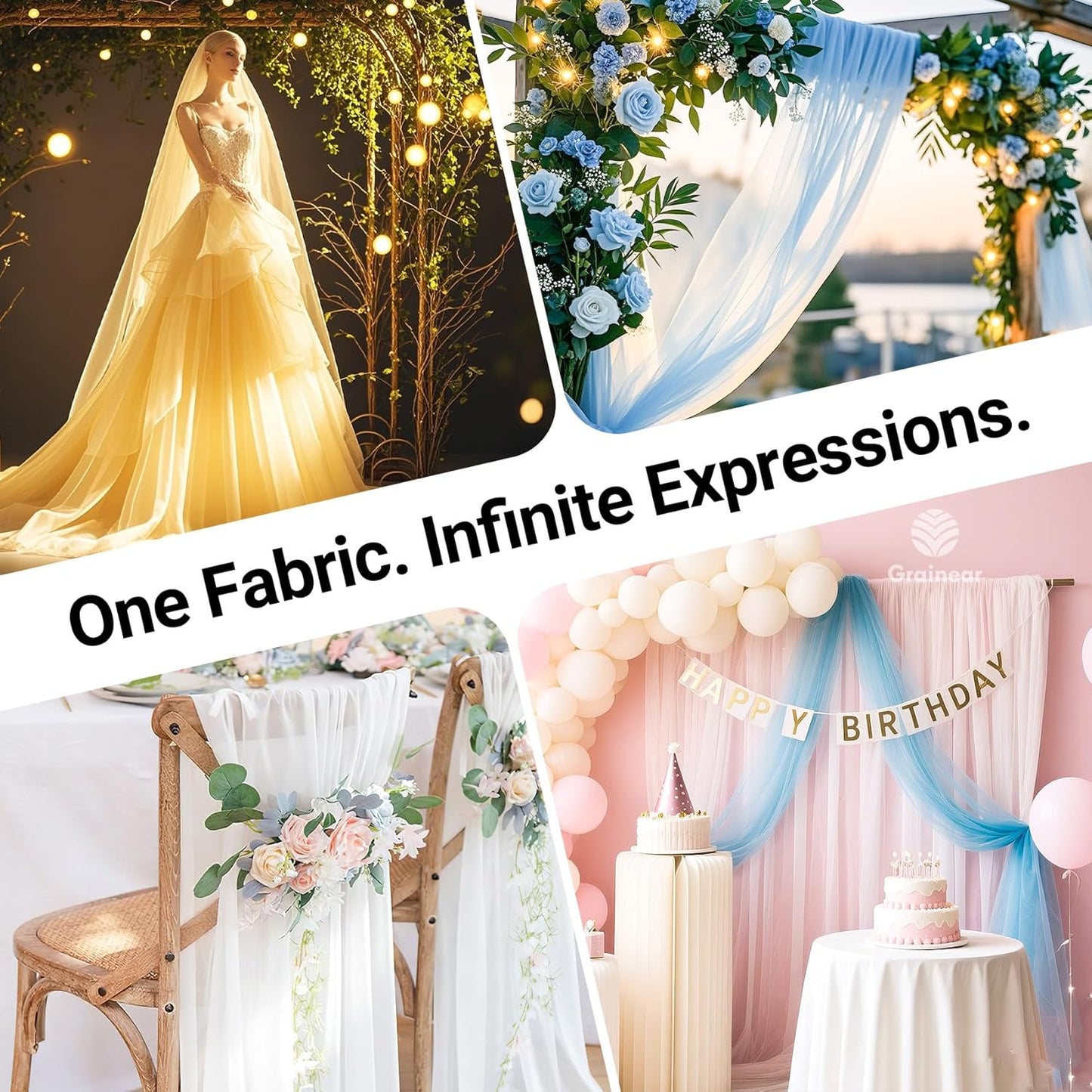 White Organza Fabric – 44" x 5 Yards Wide Sheer Tulle for Wedding Arch Draping, Gowns, Table Runners, Party Decor, Curtains & DIY Crafts – Translucent Fabric for Elegant Projects