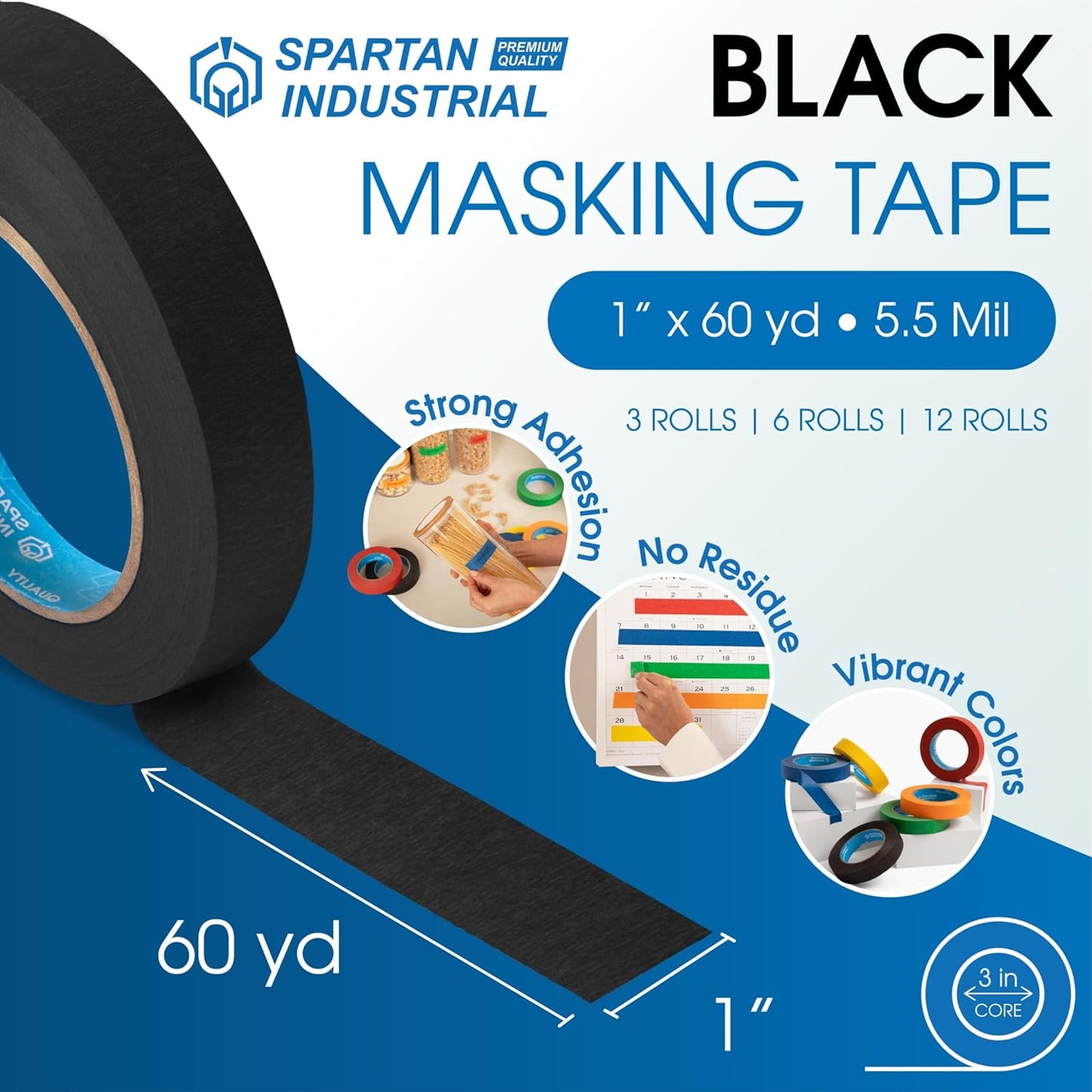 Spartan Industrial - 1" X 60 yd Black Masking Tape - 12 Colored Tape Rolls for Bundling, Labeling, and More - No Residue, 5.5 Mil