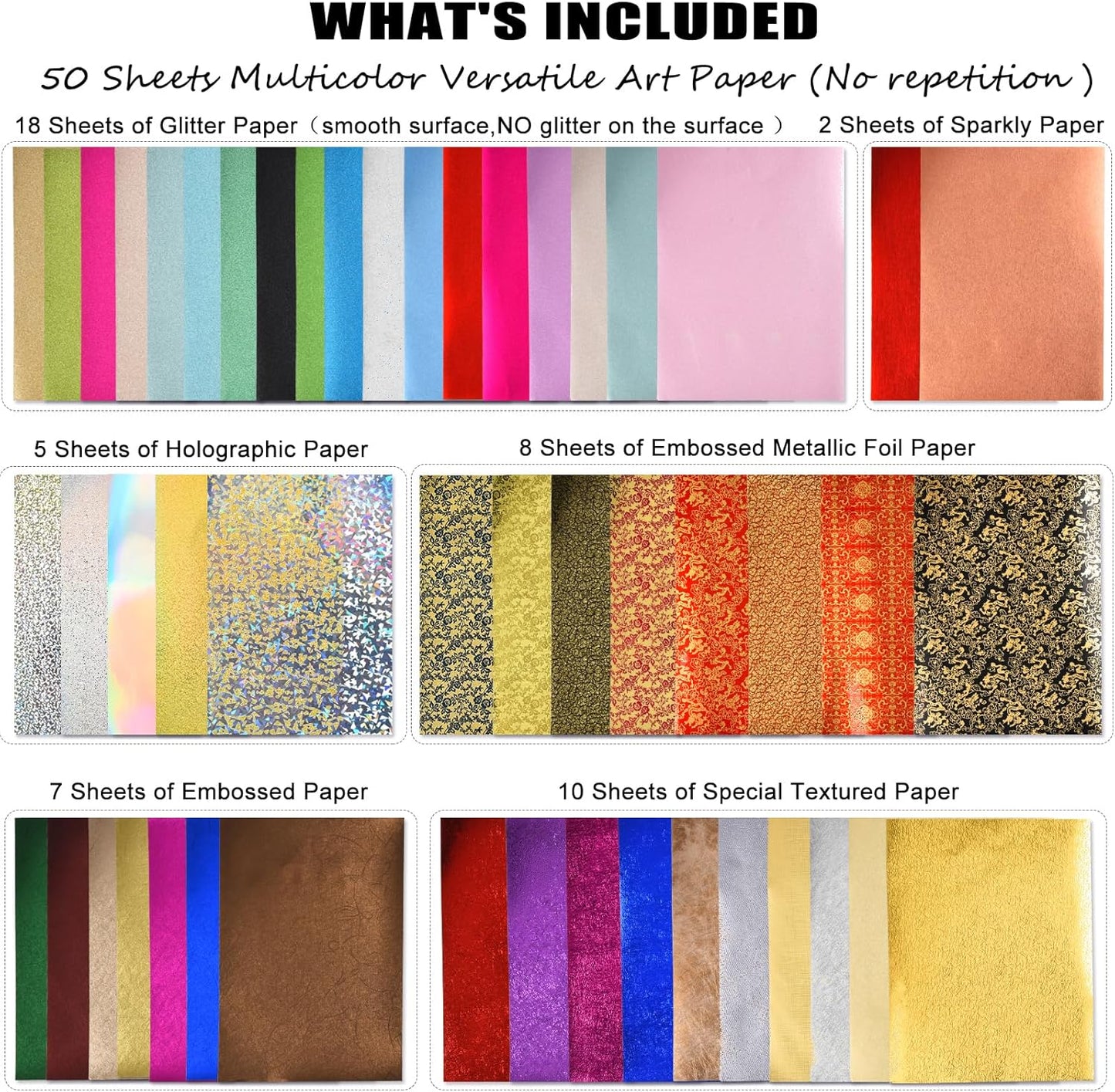 A4 Glitter Embossed Metallic Foil Paper Pack - 50 Sheets Assorted Colors & Designs Sparkly Holographic Premium Construction Paper for Gift Box Wrapping Birthday Party Scrapbook Paper