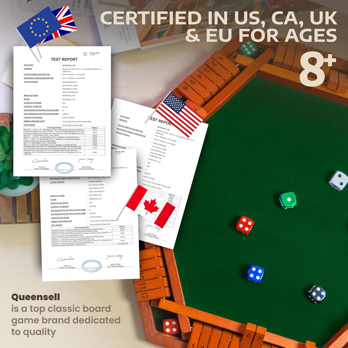 Queensell Shut The Box Game Wooden Board for 1-6 Players - 16-inch Shut The Box Game 12 Numbers for Adults & Kids - Ideal for Games Night