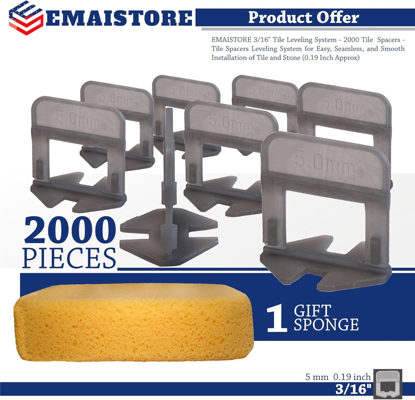 Tile Leveling System (3/16 Inch) – 2000 Tile Spacers – Compatible with Most Wedges for Smooth, Seamless Floor & Wall Tile Installation – 5mm Ceramic & Stone Spacers