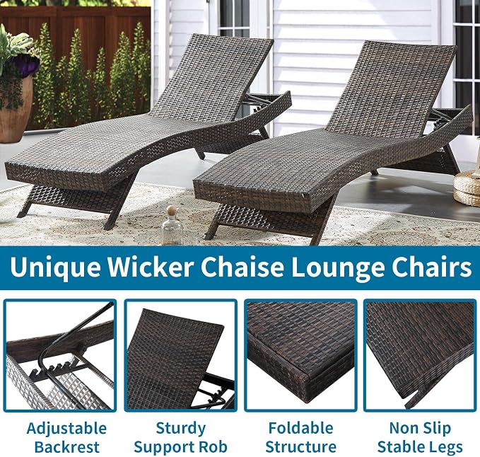 79'' Long Reclining Chaise Lounge Set, Outdoor Wicker Reclining Lounge Chair - Image 3