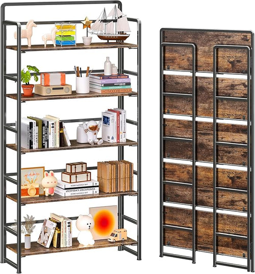 4NM No Assembly Extra Wide 5 Tiers Folding Bookshelf Storage Shelves Vintage by 4NM