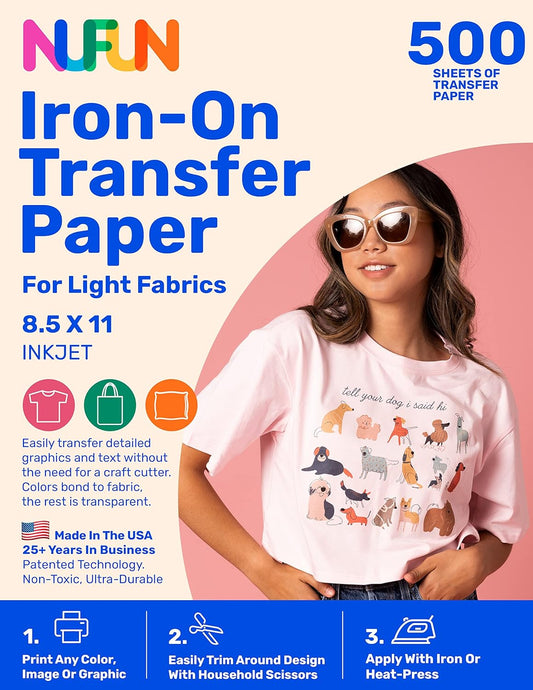 NuFun Activities Printable Iron-on Heat Transfer Paper for T Shirts, Light Fabrics, 500 Sheets 8.5 x 11 inch, Long Lasting, Durable, Professional Quality, Easy DIY, Non-Toxic, Made In the USA