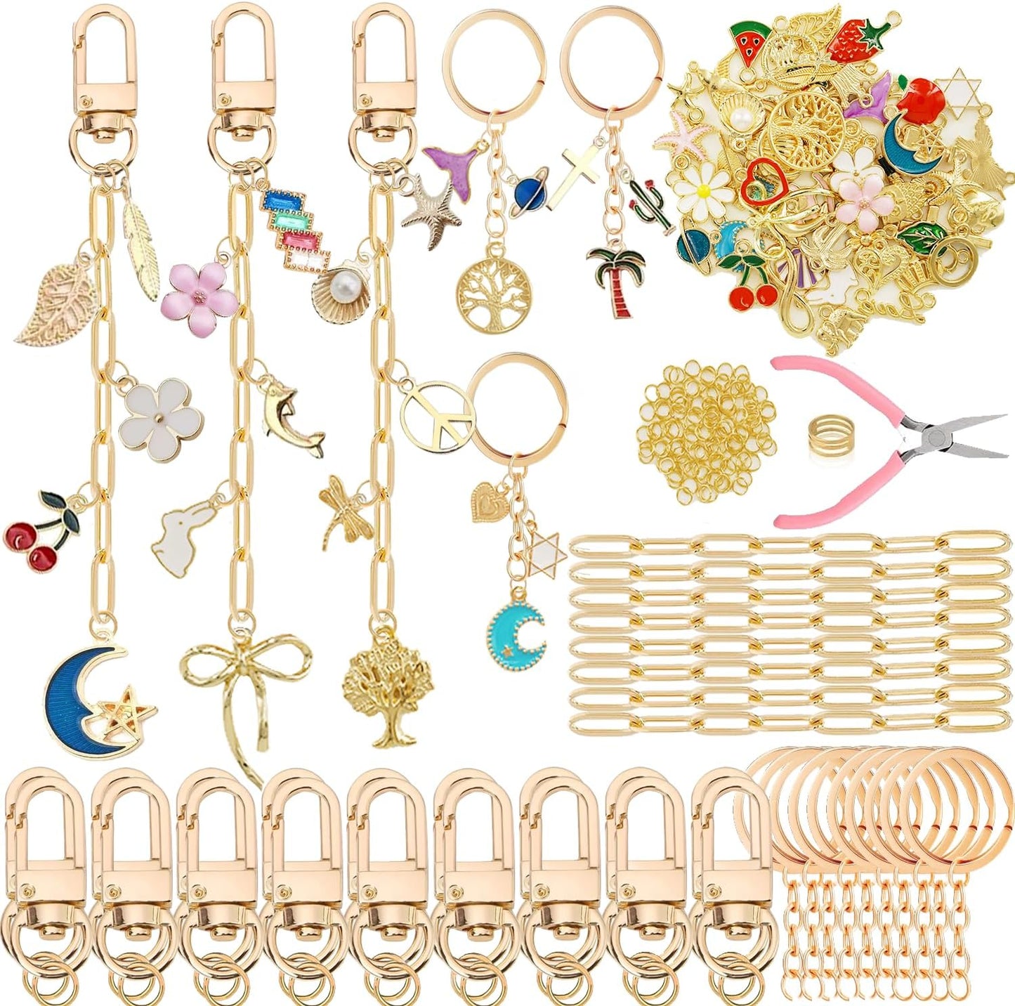 MORWLAT 281 PCS Gold DIY Keychain Making Kit Cute Bag Charm Kit 60 Charms 8 Keychain Clips with Key Ring Swivel Snap Hook Lobster Claw Clasps 200 Jump Ring Jewelry Plier DIY Set Women Craft (60)