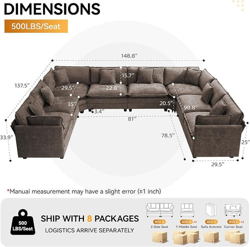 147'' Oversized U Shaped Cloud Sectional Sofa, Chenille Deep Seat Couches - Image 2