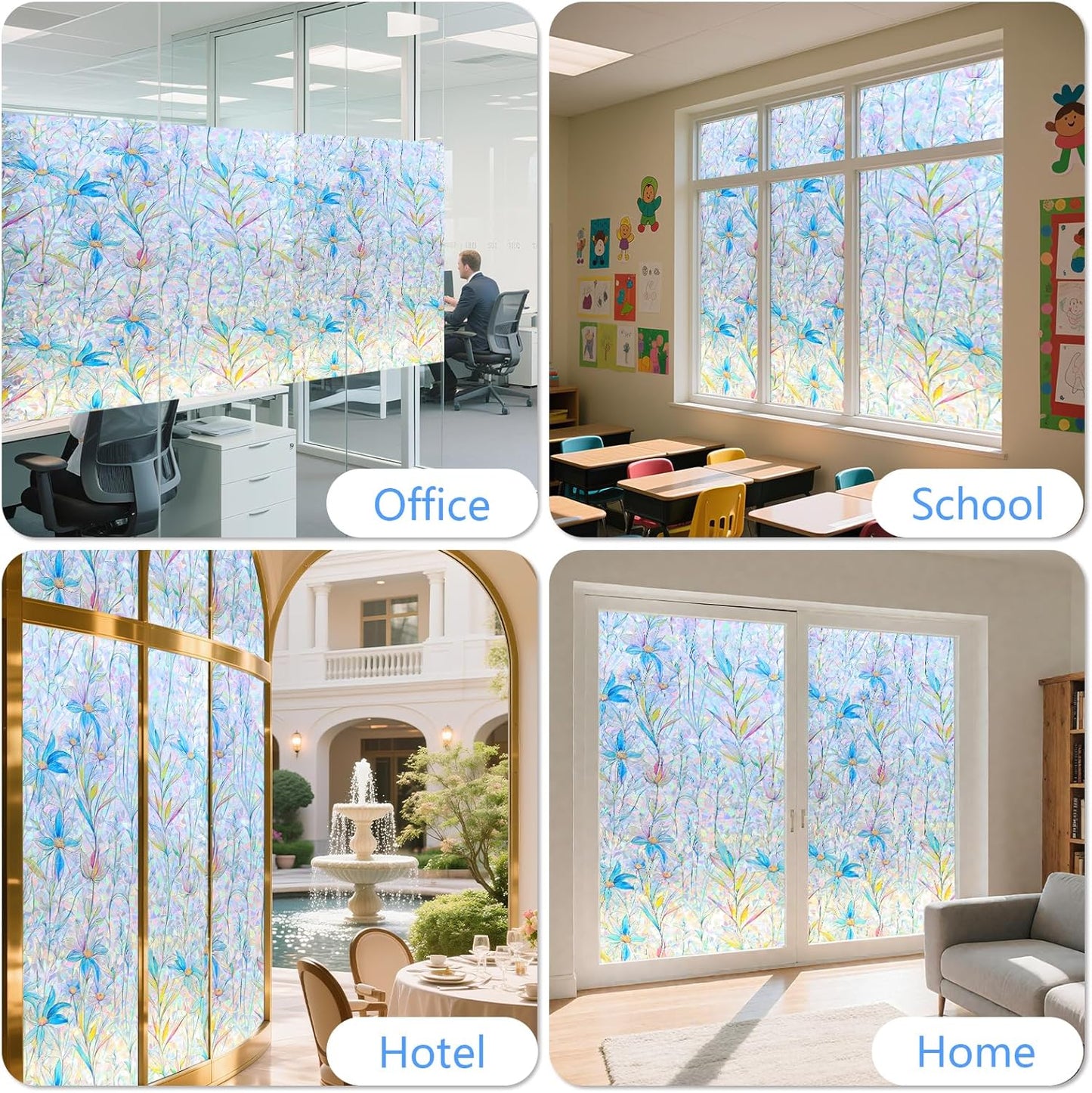 FINNEZ Window Privacy Film Stain Glass Film Flowers Rainbow Window Film Window Clings Non-Adhesive Reusable Decorative for Home（Blue Lotus，35.4 Inch x 13.1 Feet）