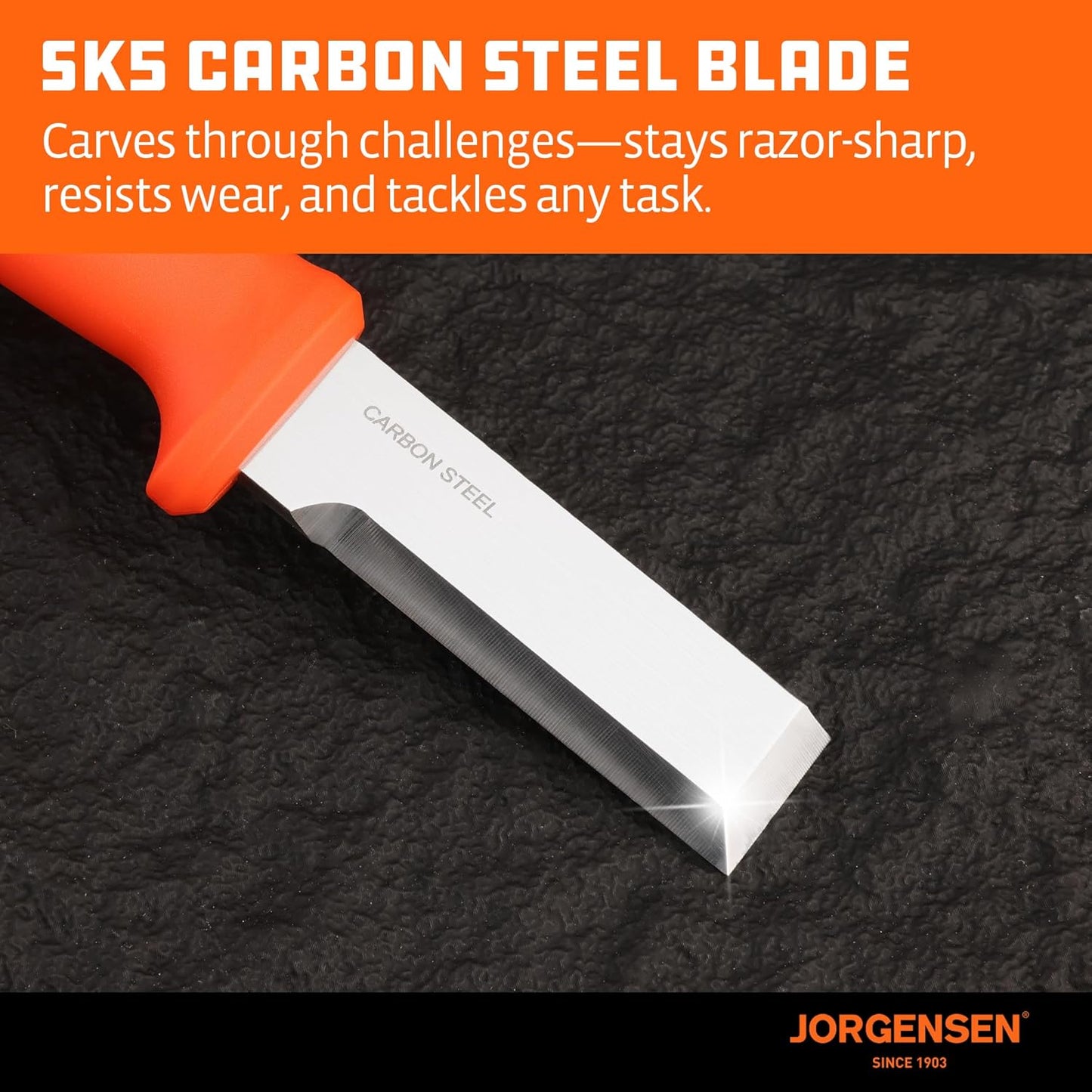 Jorgensen Wood Chisel Knife with Sheath, Wood Chisel for Woodworking with Ergonomic Handle, SK5 Carbon Steel Blade, Full Tang Design, for Carving, Whittling, Splitting