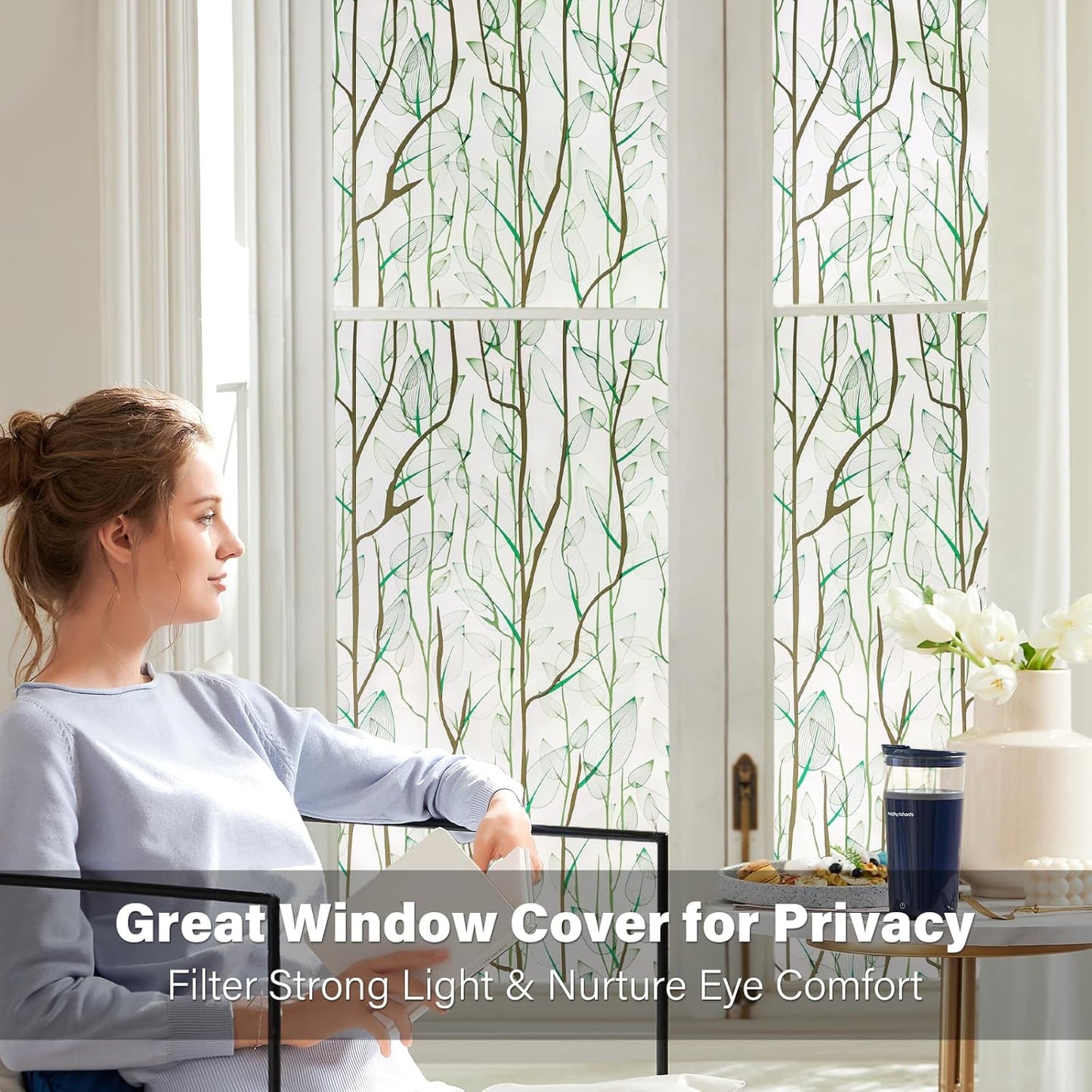 Donox Frosted Glass Window Film Heat Control UV Blocking, Static Cling Reusable Home Bathroom Door Window Privacy Film, Green Leaf Pattern Window Covering with Installation Tool, 23.6 in x 13.1 feet
