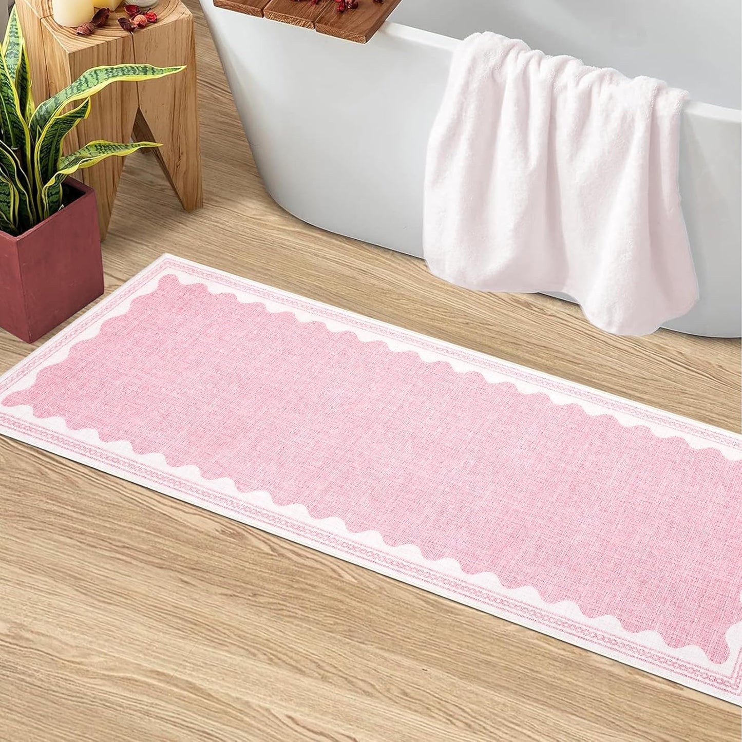 Scalloped Rug 2.5x10 Runners for Hallways, Solid Pink Non Slip Scalloped Bath Runner, Washable Rug for Bedroom Girls, Rugs for Kitchen Floor Soft Dorm Nursery Carpet for Bedside