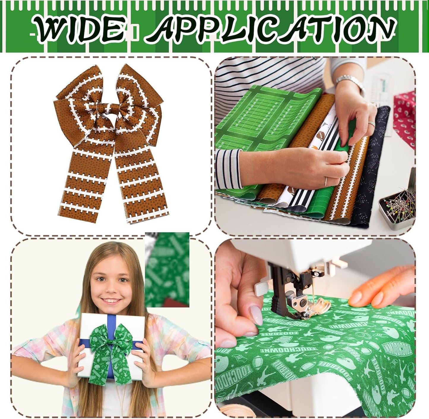 Ganeen 60 Pcs 10 x 10 Inch Football Quilting Fabric Squares Vintage Football Fat Patchwork Precut Strips Retro Green and Brown Fabric Bundles for Holiday DIY Craft Sewing Quilt Material Handmade