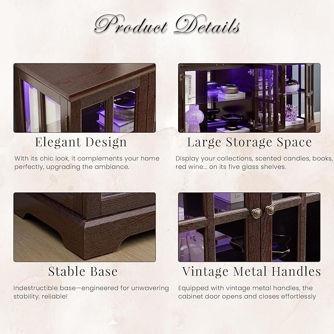 59" W LED Curio Cabinet with 7 Color Lights, Vintage Glass Display Case with - Image 4