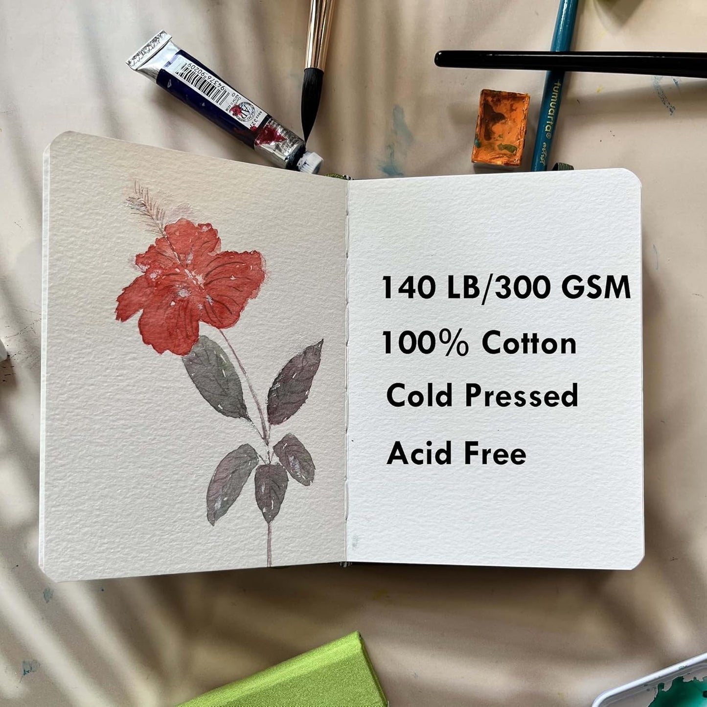 tumuarta 100% Cotton Watercolor Journal Sketchbook, Cold Press, 7.5x5 in, 140 LB, 300GSM, Acid Free, 24 Sheets,48 Pages, Watercolor Journal for Use As Travel Notebook and Mixed Media Pad On The Go