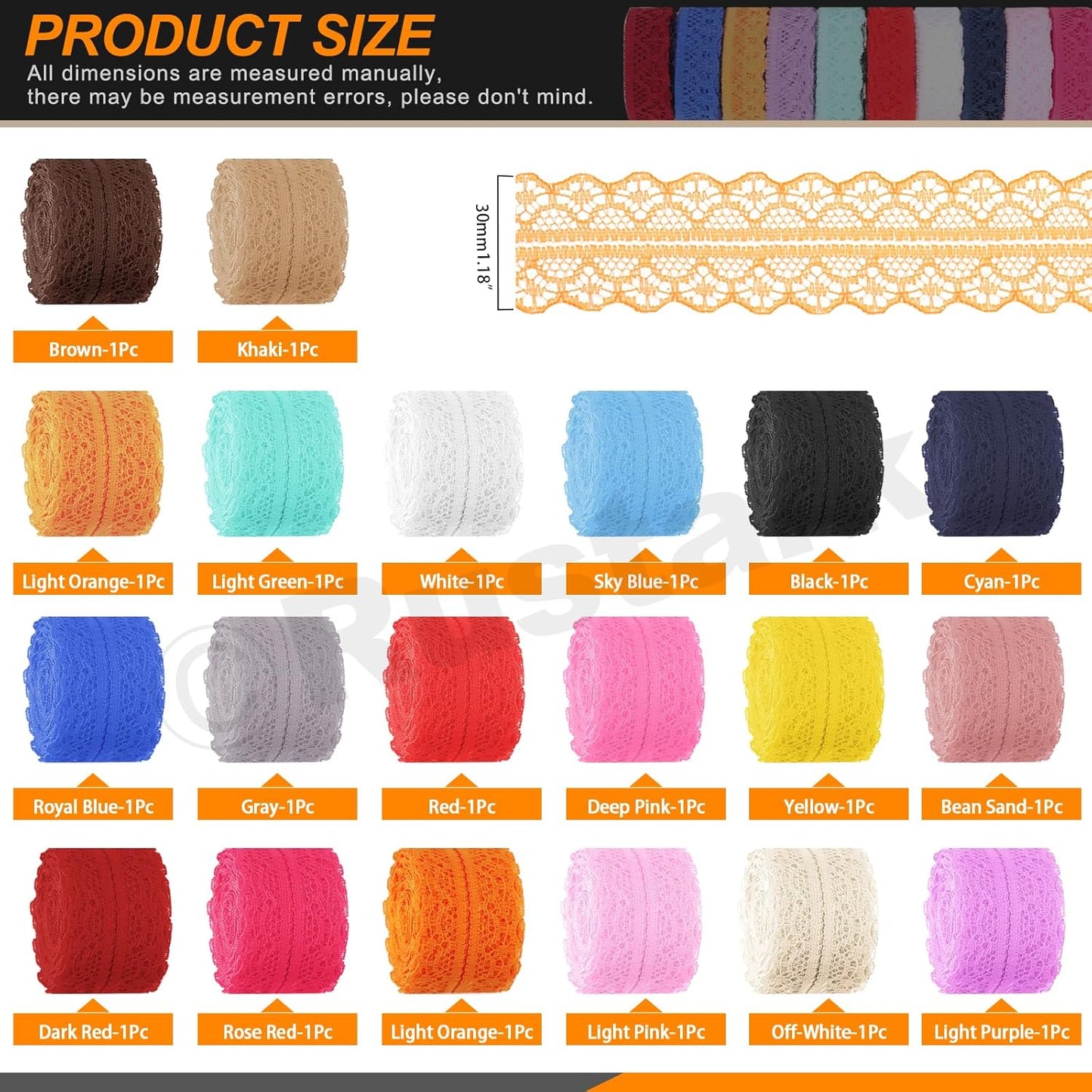 20Pcs 1.18Inch/3CM Wide Colorful Lace Ribbon Floral Lace Ribbon Trim Fabric Sewing Vintage Trims Laces for Craft Sewing Making Gift Wrapping Wedding Decorations