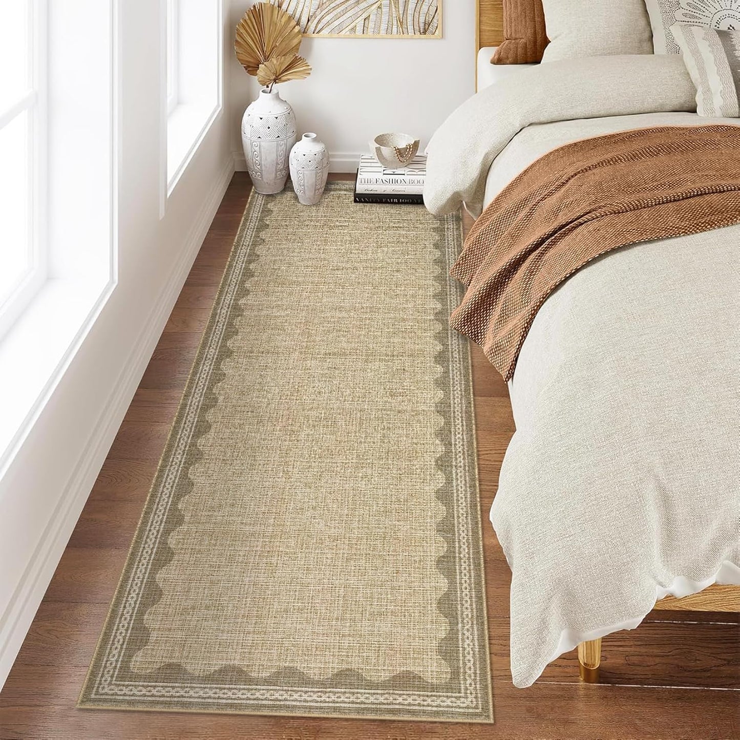 Scalloped Rug 2.5x10 Runners for Hallways, Solid Jute Non Slip Scalloped Bath Runner, Washable Rug for Bedroom Girls, Rugs for Kitchen Floor Soft Dorm Nursery Carpet for Bedside