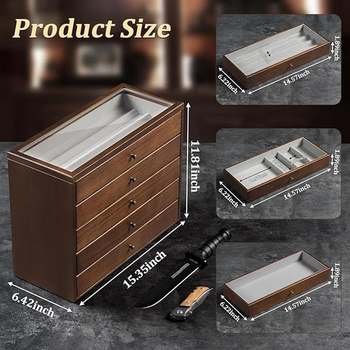 5-Tier Large Knife Display Case & Organizer, Wooden Pocket Knife Storage Box - Image 2