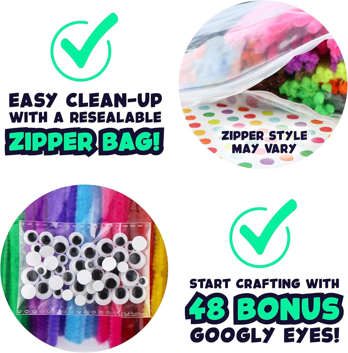 348 Pipe Cleaners Plus 48 Googly Eyes - Colored Chenille Stems for Kids Craft - Fuzzy Stems in 29 Colors