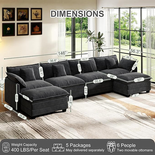 146" Cloud Couch Sectional, U Shaped Modular Sectional Sofa, 4-Seat Deep Seat - Image 2