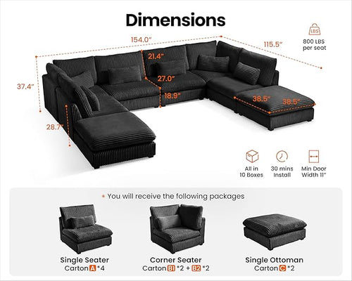 154" Oversized Corduroy Couch Modular Sectional Sofa, Washable Cloud Couch - Image 2