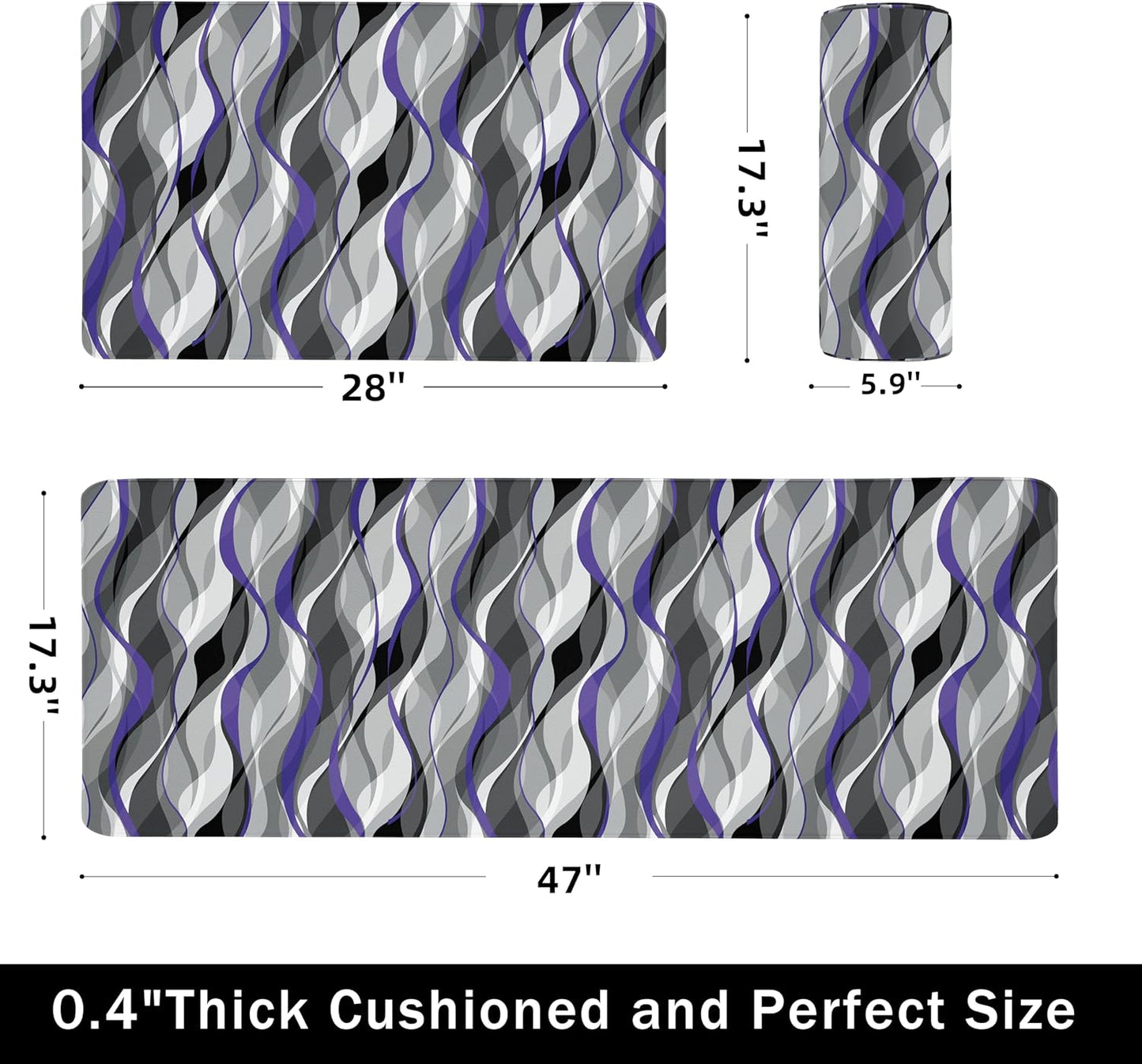 Kitchen Mats for Floor Modern Abstract kitchen rugs Grey and Purple Stripe Anti Fatigue Kitchen Mats Waterproof Floor Mats Cushioned Non-Skid Standing Mats for Kitchen, Set of 2,17.3 x 28+17.3 x 47