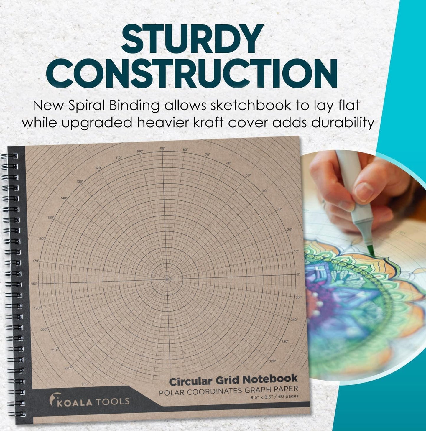 KOALA TOOLS - Circular Grid Sketchbook with Polar Coordinate Graph Paper, Polar Grid for Circular Designs, Mandala, and Geometric Patterns, 8.5 x 8.5 inches, 60 pages - Pack of 1