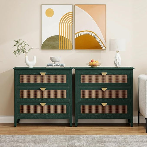 31.5" Retro Green Accent Storage Cabinets, Boho 3-Drawer Cabinets by YHFEXYT