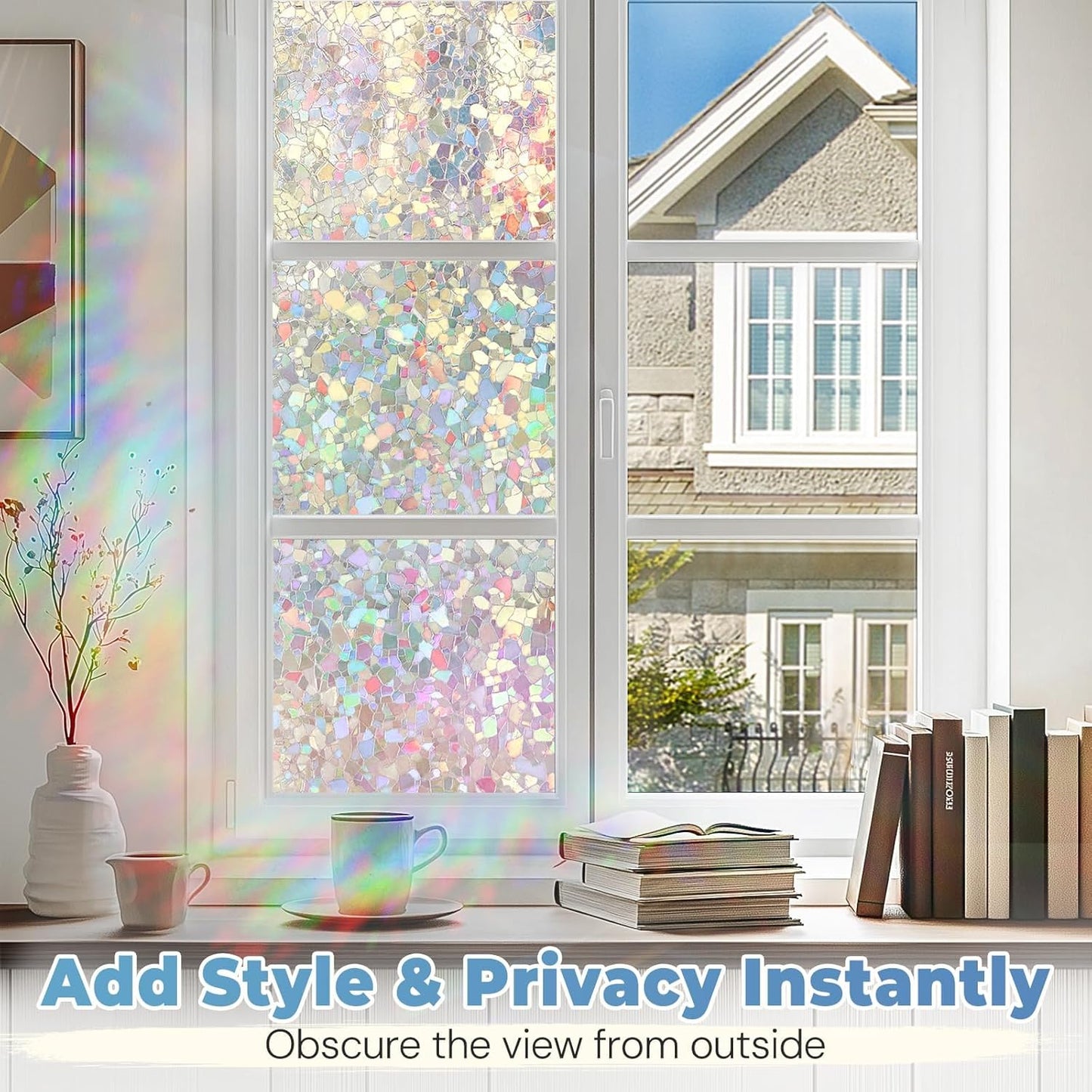DOWELL Window Privacy Film Rainbow Film, Stained Glass Decorative Sticker, Static Cling Non-Adhesive Glass Clings, Sun Blocking Heat Control Window Coverings for Home Door, 23.6" x 78.7"