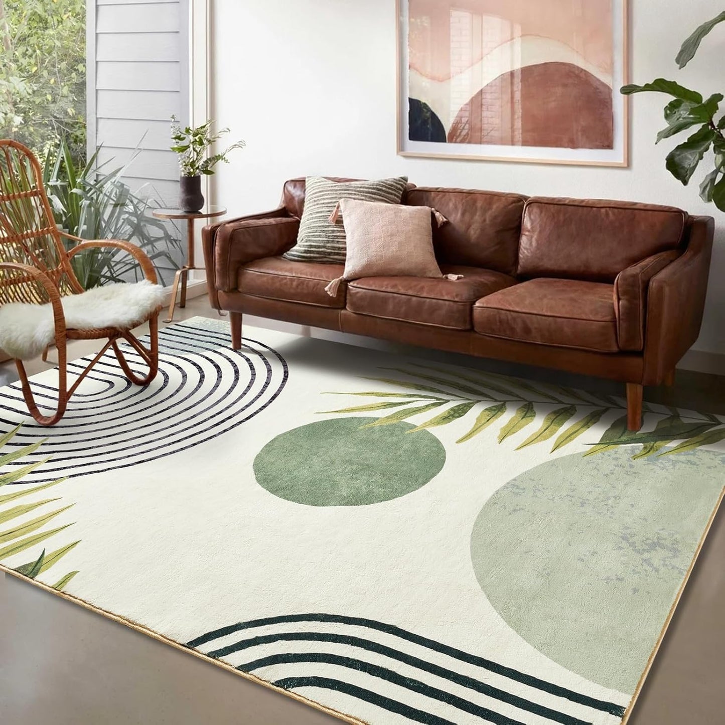RoomTalks Mid Century Modern Washable Rug Stain Resistant, Boho Cute Aesthetic 9x12 Area Rugs for Bedroom Dining Living Room Office, Green Abstract Tropical Leaves Indoor Rug Plant Botanical Carpet