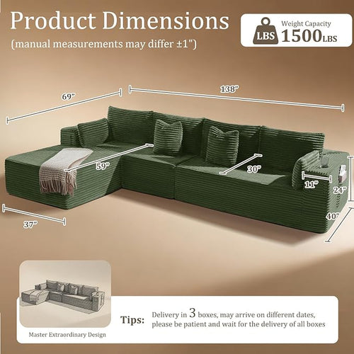138" Cloud Sectional Couch, Comfort L Shaped Boneless Couch - Image 2