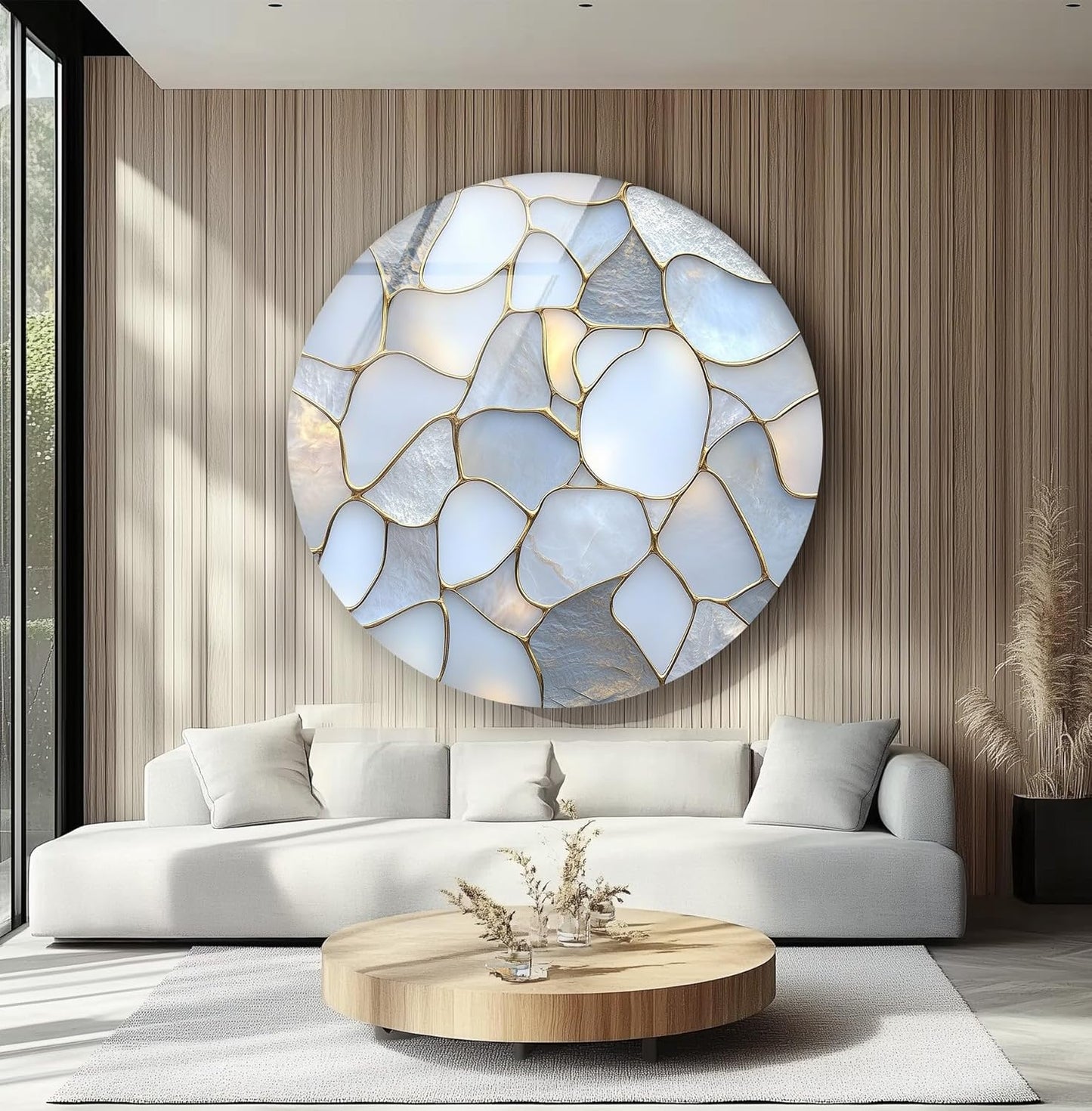 My Photostation.com 15.8''(40cm) Diameter White Stone Mosaic Round Glass Wall Art Tempered Glass Printing Wall Decor Large Wall Art Wall Hangings