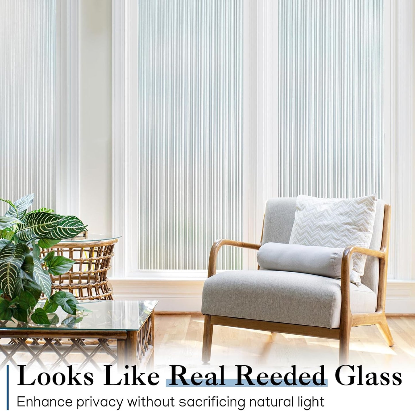 Haton Reeded Glass Window Privacy Film, Frosted Glass Window Film, Static Cling UV Blocking Stickers, Decorative Removable Cover for Bathroom Door Office, Non Adhesive 17.5" x 78.7"