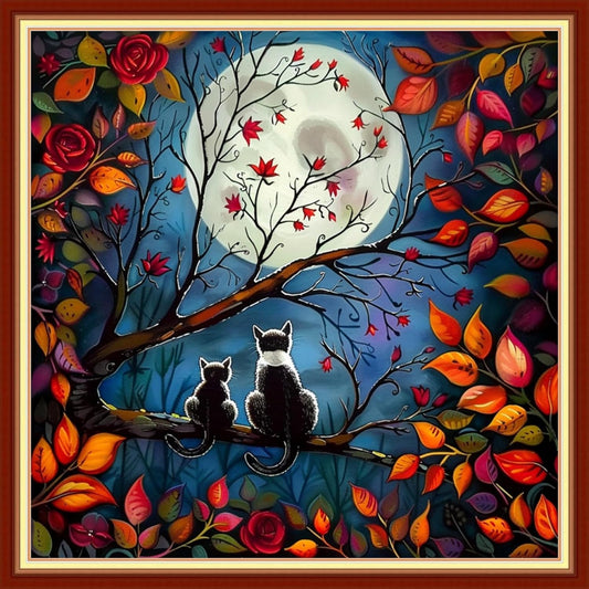 Joyhoor Stamped Cross Stitch Kits for Beginners, Needlepoint Kits for Adults, 11CT Counted Embroidery Kits-Cats Admiring The Moon 18x18 inchs