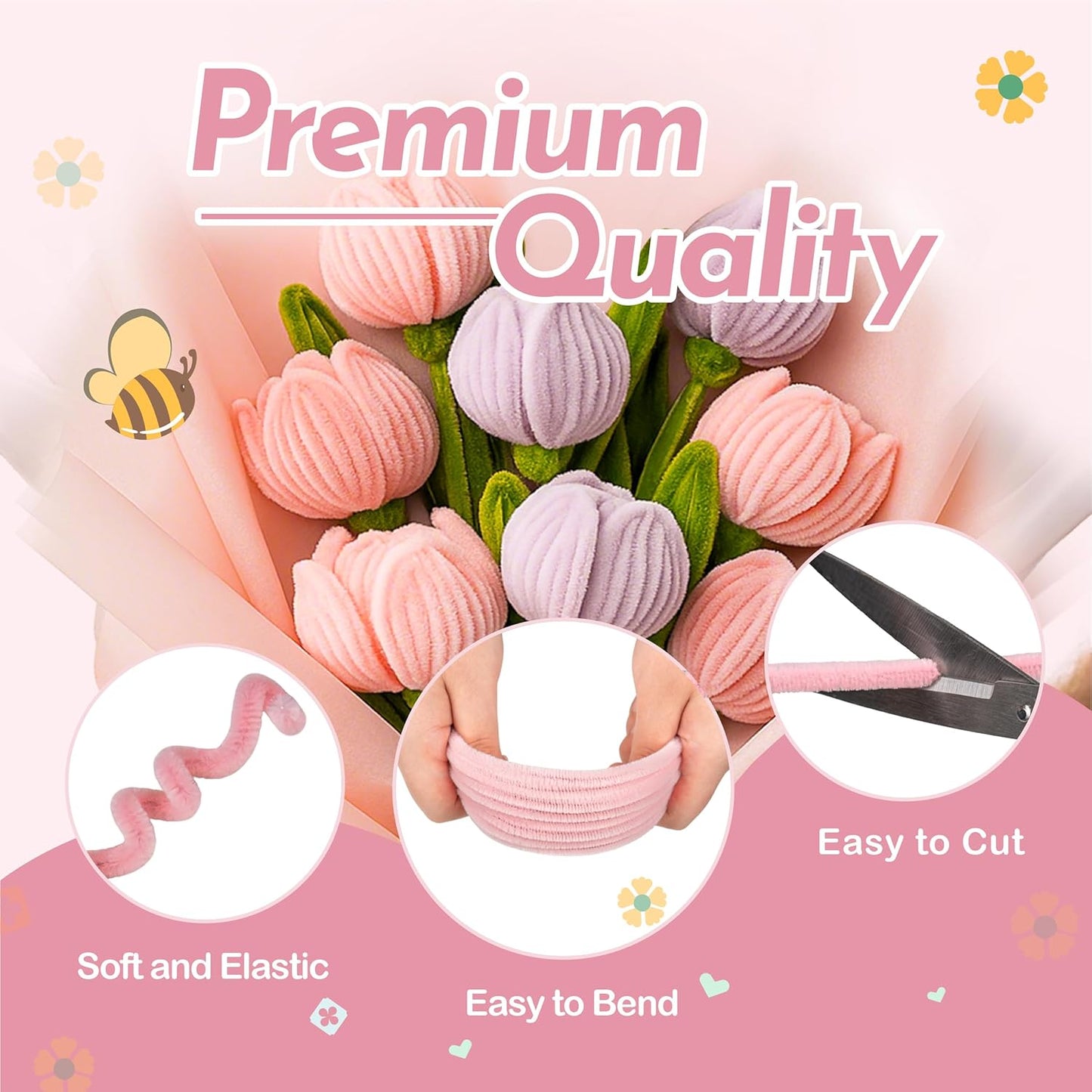 400 PCS Pipe Cleaners Craft Bulk,4 Assorted Colors Chenille Stems for DIY Flower Making Kit with Floral Wire, Gardening Tape, Stamen & Ribbon, Pipe Cleaners Flowers, Arts and Craft Supplies for Kids