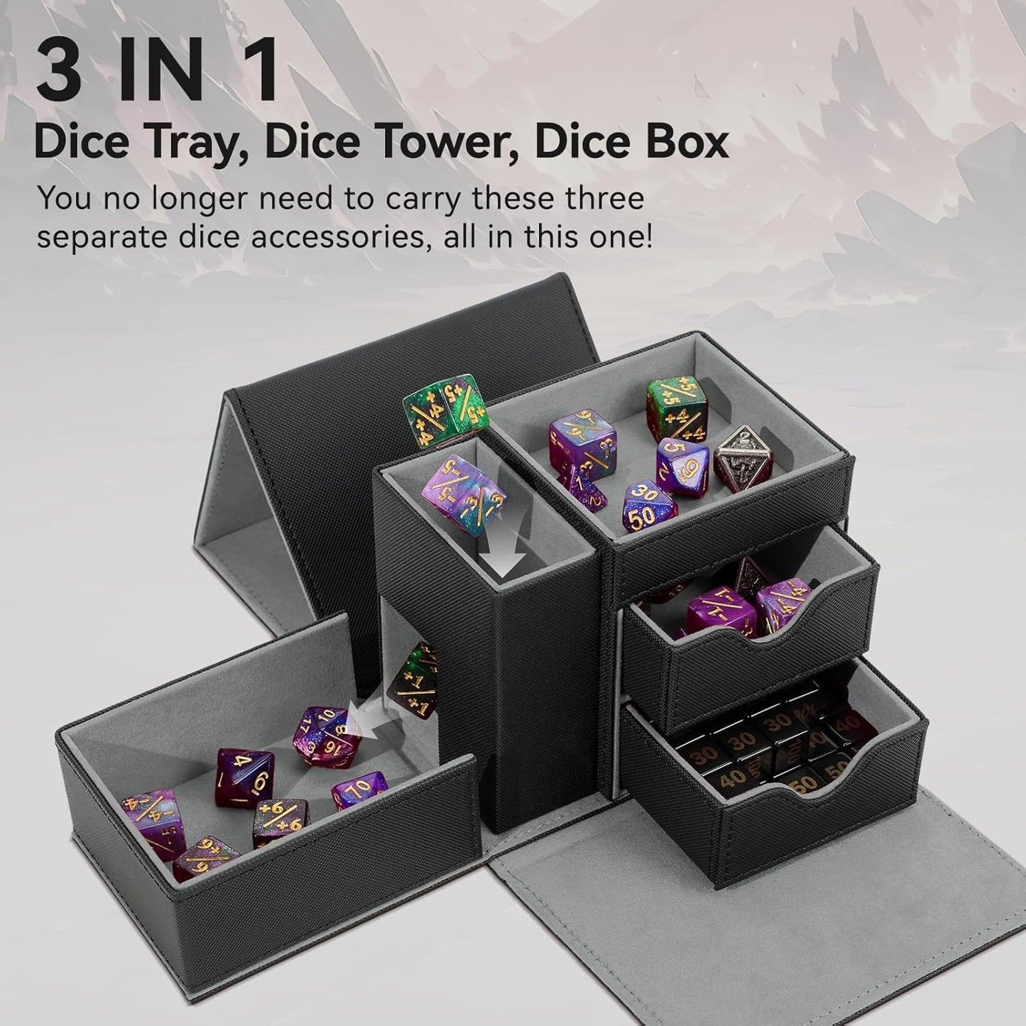 Dice Tray & Dice Tower Storage Box, 3 in 1 Dice Holder Case (Dice Rolling Tray, Dice Rolling Tower, Dice Storage Drawers), Leather Magnetic Closure DND Accessories Gifts for RPG MTG, Black/Grey