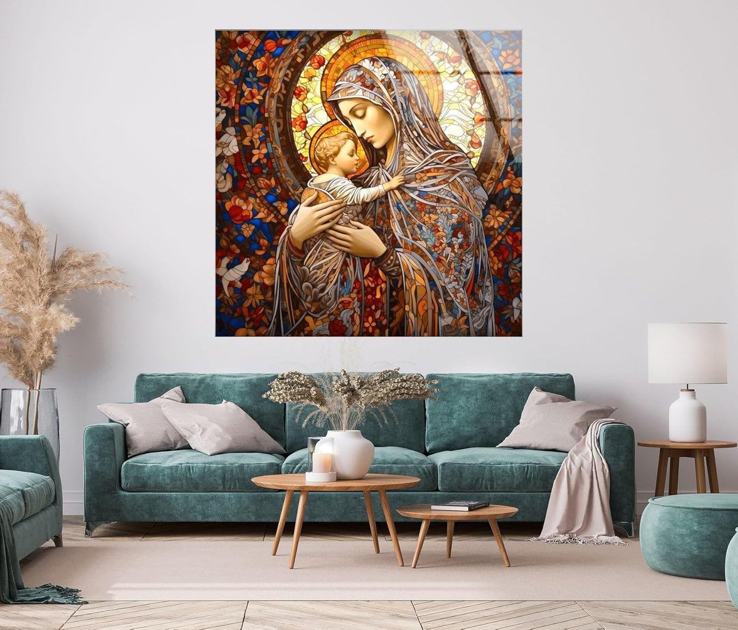 My Photostation.com Round 24'' Jesus and Virgin Mary Glass Wall Art Tempered Glass Printing Wall Decor Large Wall Art Wall Hangings