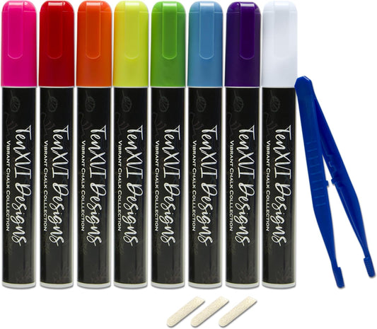 TenXVI Designs Chalk Markers - 8 Vibrant Colors, 6mm Reversible Tips, Erasable, Non-Toxic, Water Based for Kids & Adults - For Chalkboard, Glass & Non-Porous Surfaces, Liquid Chalk Board Markers
