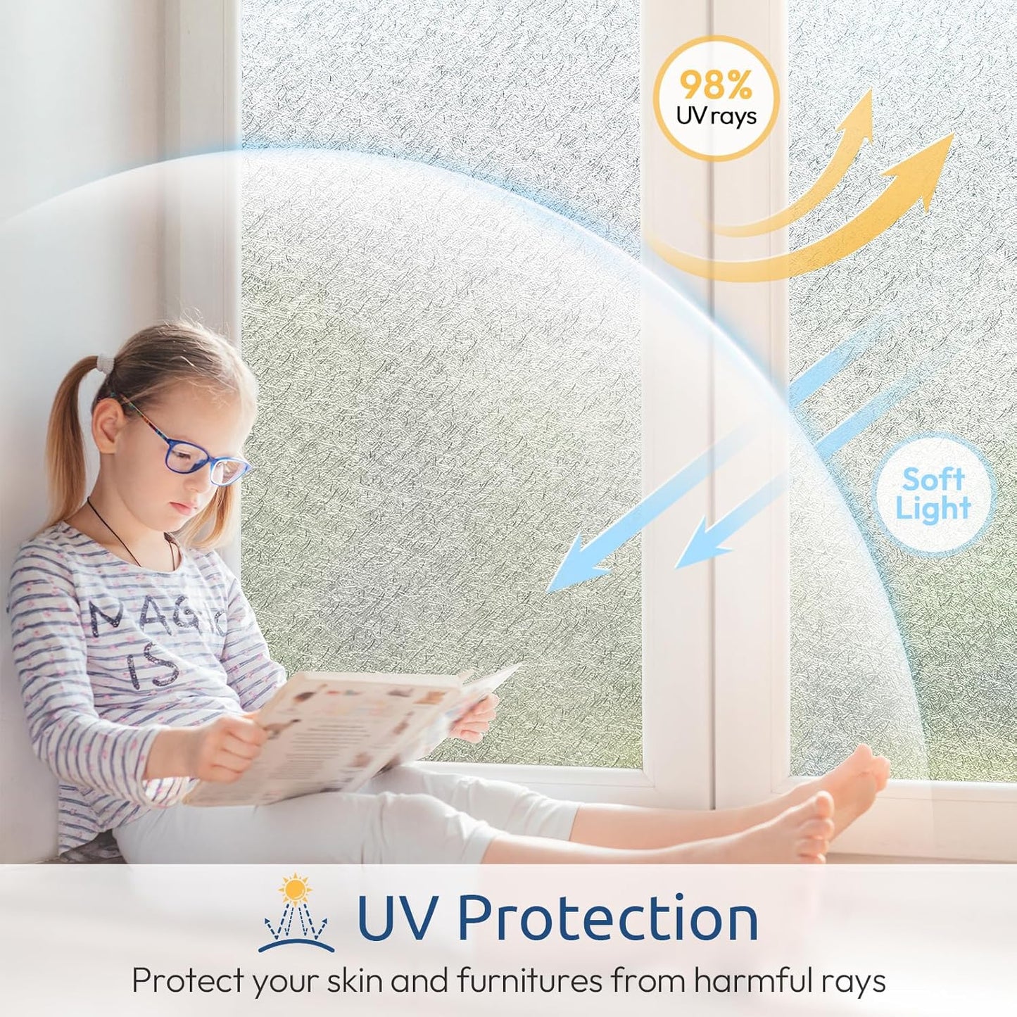 rabbitgoo Window Privacy Film Frosted Glass Film, Decorative Cling UV Sun Blocking Decals, Frosting Window Clings for Home Bathroom Door Coverings, 23.6 x 118.1 inches