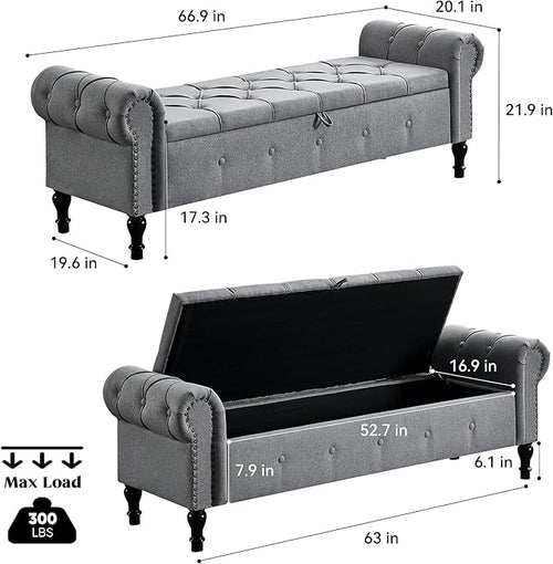 67 Inch Storage Bench for Bedroom, End of Bed Bench, King Size Benches - Image 2