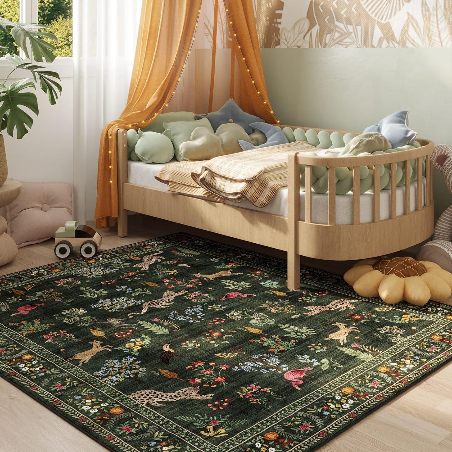 Rugcomf Area Rugs 8x10 Rug for Living Room Clearance Washable Boho Area Rug Non Slip Floral Animal Vintage Low Pile Large Rug for Living Room, Bedroom, Farmhouse, Dining Room, Kids Playroom (Green)