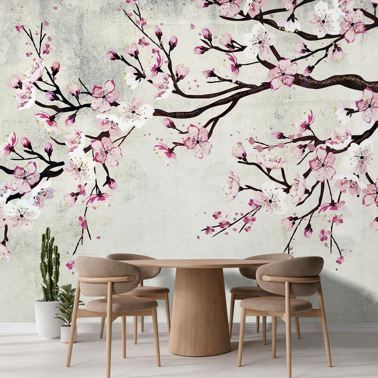 wall26 Wall Sticker/Wall Mural Watercolor Style Ink Painting Pink Cherry Blossom on Vintage, Not Peel and Stick, Non-Woven Wallpaper Decorative for Bedroom, Living Room, Office - 100x144 inches