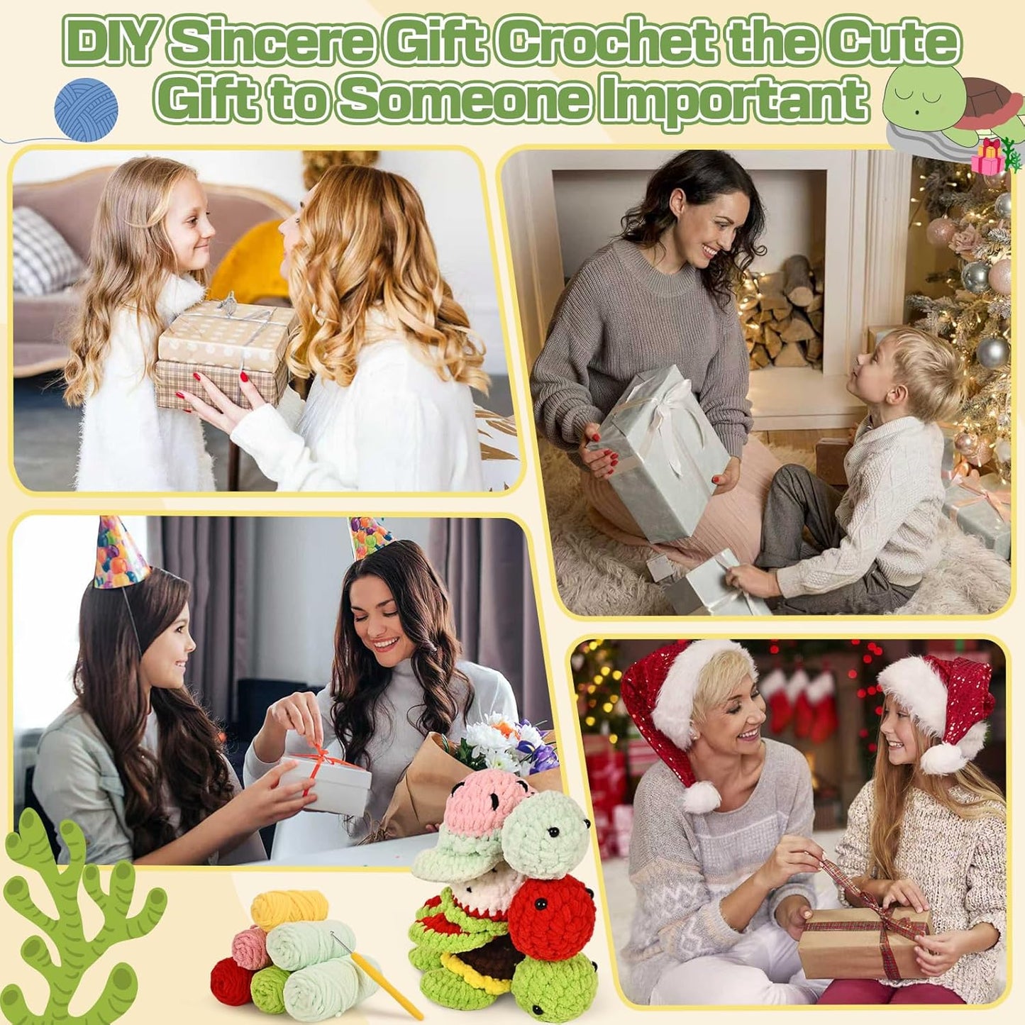 DetFinns Crochet Kit for Beginners, Crochet Starter Kits with Step-by-Step Video Tutorials, DIY Craft Kits Knitting Supplies for Kids, Adults, Beginners, 5 Packs Turtle Party (40%+ Yarn)