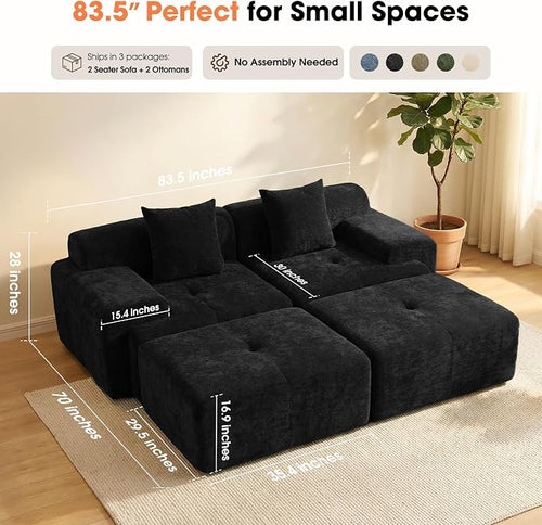 83.5" Boneless Loveseat with 2 Ottoman, Cloud Comfy Sofa Bed, Modular Sofa - Image 2
