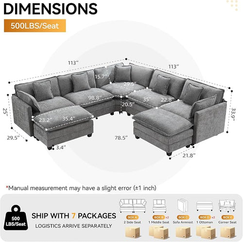113'' V Shaped Cloud Sectional Sofa, Oversized Deep Seat Couches - Image 2