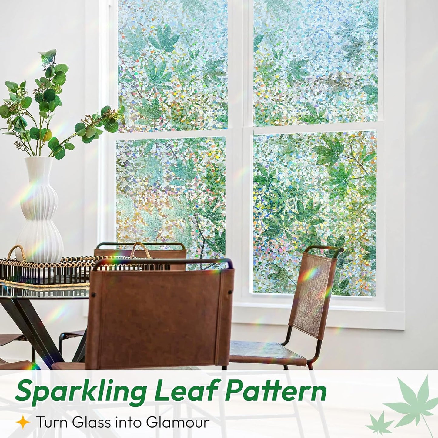 rabbitgoo Rainbow Window Privacy Film Decorative Stained Glass Diamond Pattern Window Sticker with Iridescent Tint Non-Adhesive Static Cling for Home Office Bathroom, Green Leaf 35.4 x 78.7 inch