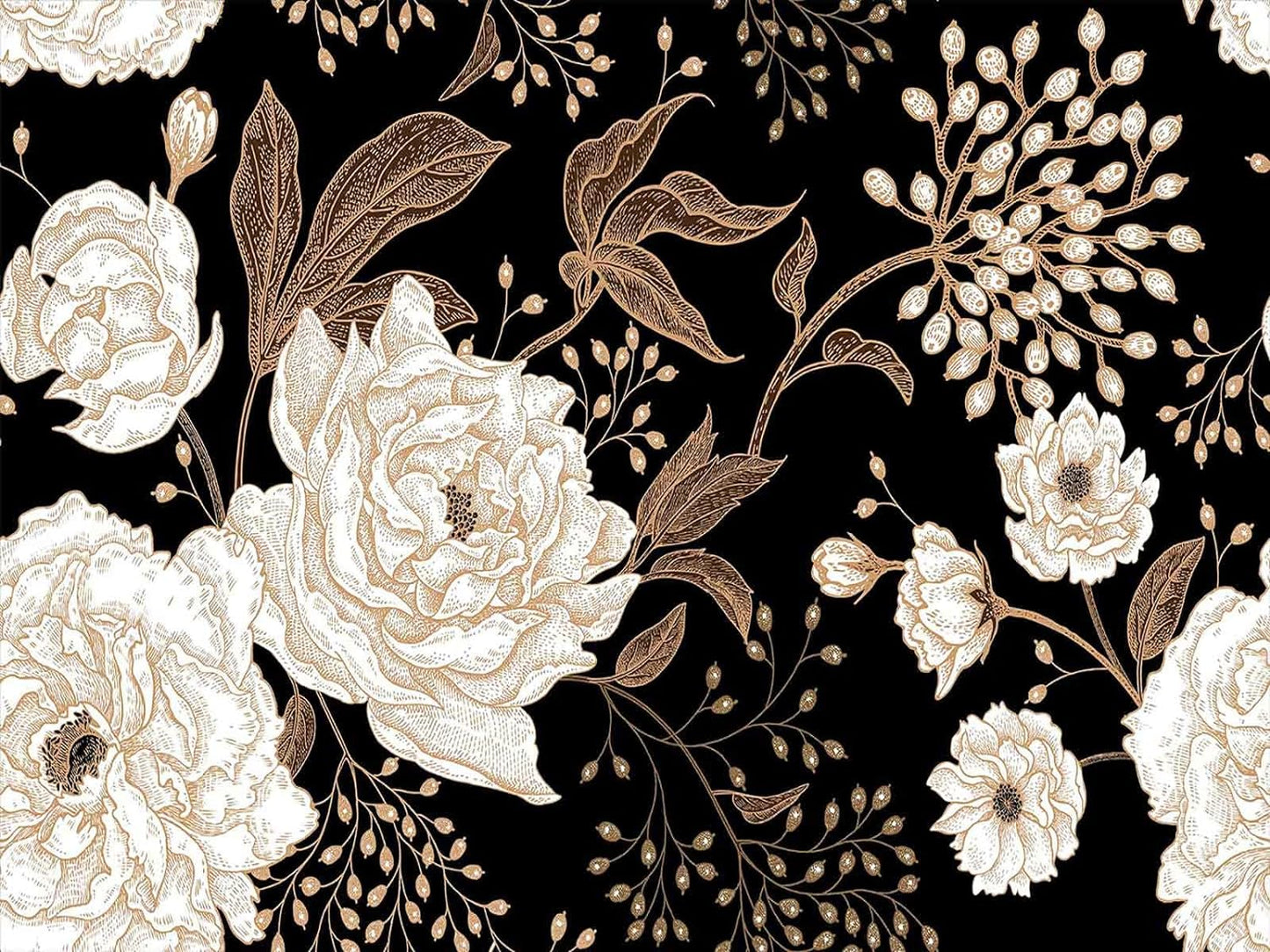 Wall Mural Peonies and Roses Floral Vintage Wallpaper Seamless Gold White Flowers Wall Coverings for Living Room Bedroom Kids Room（Not Peel and Stick）