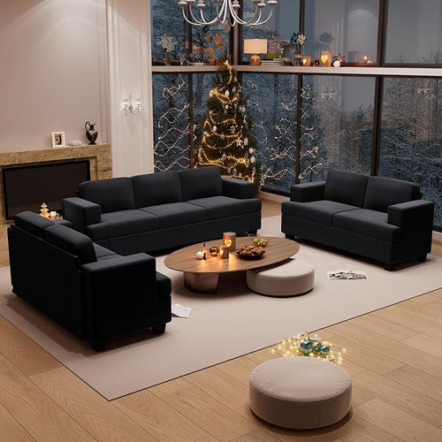 3 Pieces Corduroy Couch Set for Living Room, 7 Seats Cloud Sofa, Deep Seat by YOUDENOVA