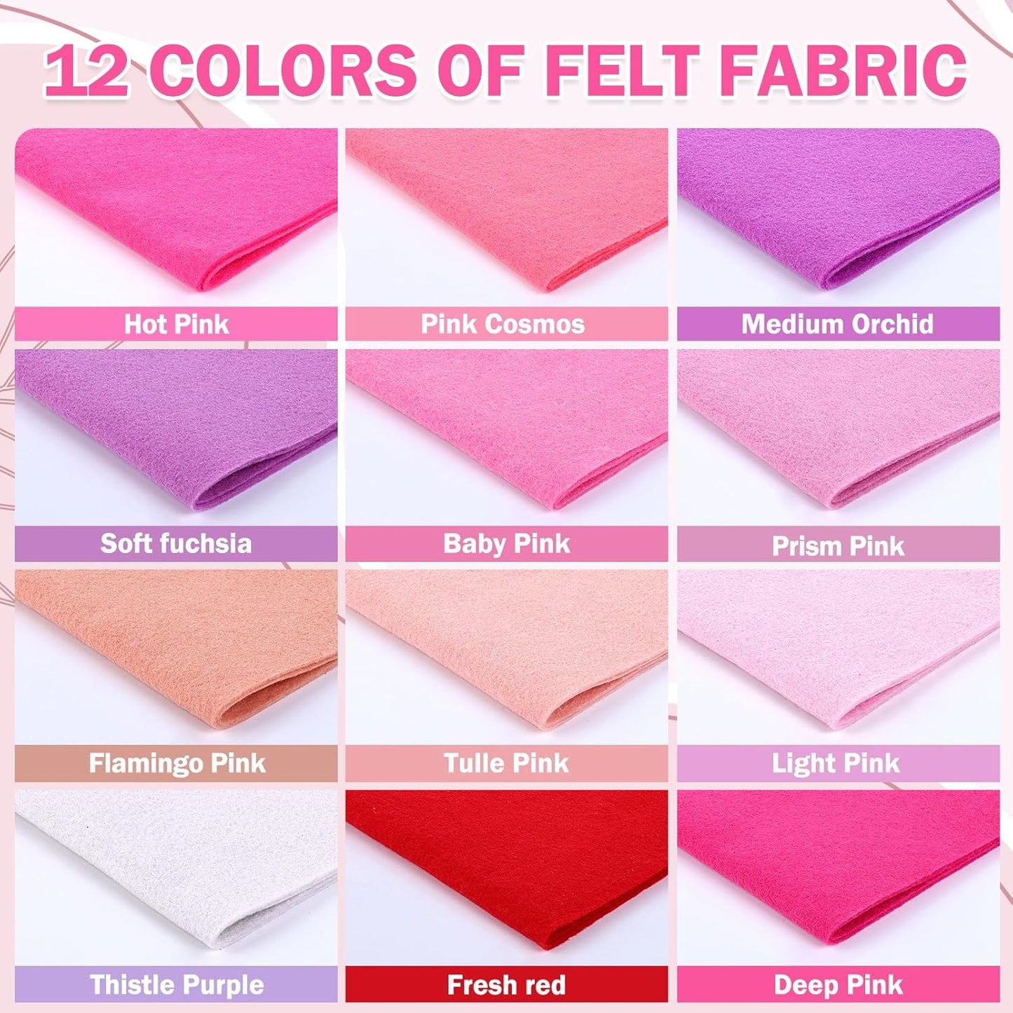 12 Rolls 8"x35"(20.5x90cm) 1.4mm Thick Soft Felt Fabric Sheet 12 Assorted Pink Series Colors Felt Pack for DIY Craft Sewing Squares Nonwoven Patchwork