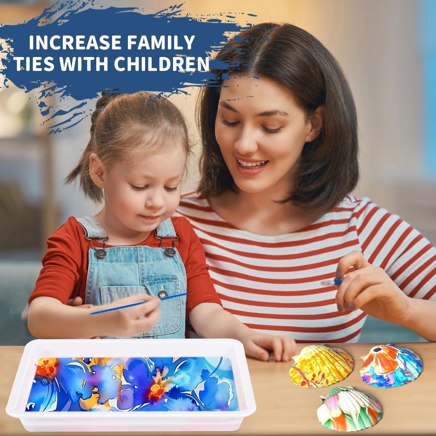 Water Marbling Paint Kit for Kids, Arts & Crafts, Non-Toxic, Age 3-12, Includes 6 Colors, 10 Sheets, Tools, 12 Shells, 2 Display Boxes